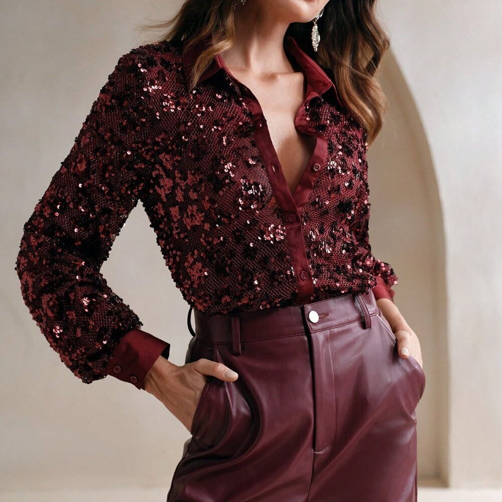Wine Burgundy Casual Women's Mesh Sexy Sequin Blouse